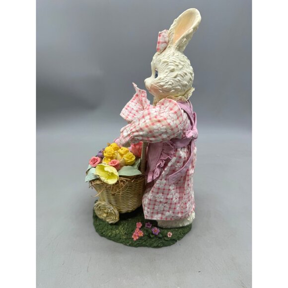 Vintage Ceramic Bunny Figurine Pink Checkered Dress Basket Flowers Chicks READ - Picture 6 of 10
